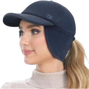 👑Women’s Navy Fleece Winter Hat Reflective Ponytail Ear Flap